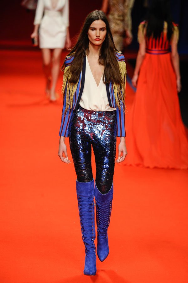 Milan, IT -  - A model walks the runway at the Elisabetta Franchi  Fall/Winter 2016 fashion show during Milan Fashion Week.