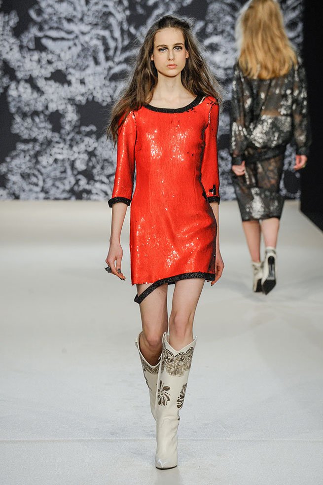 Milan, IT - - A model walks the runway at the Angelo Marani Fall/Winter 2016 fashion show during Milan Fashion Week.