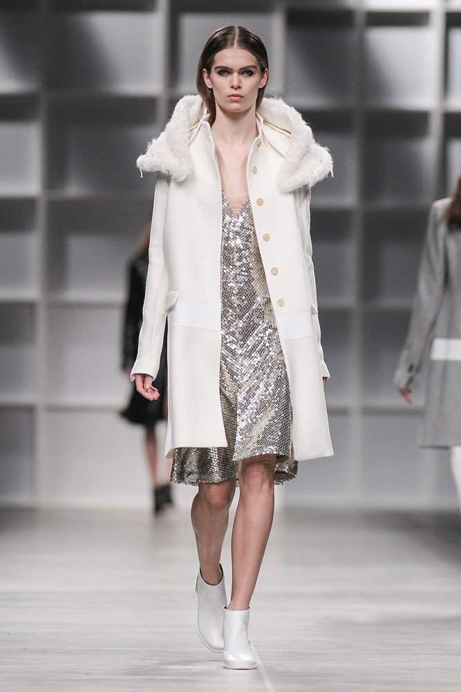 Milan, IT - - A model walks the runway at the Aquilano Rimondi Fall/Winter 2016 fashion show during Milan Fashion Week.