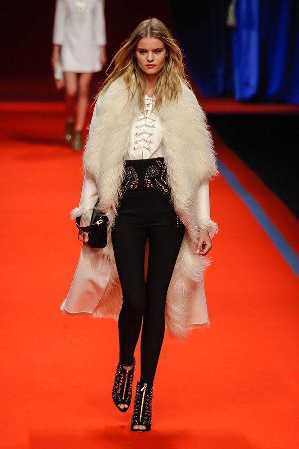 Milan, IT - - A model walks the runway at the Elisabetta Franchi Fall/Winter 2016 fashion show during Milan Fashion Week.